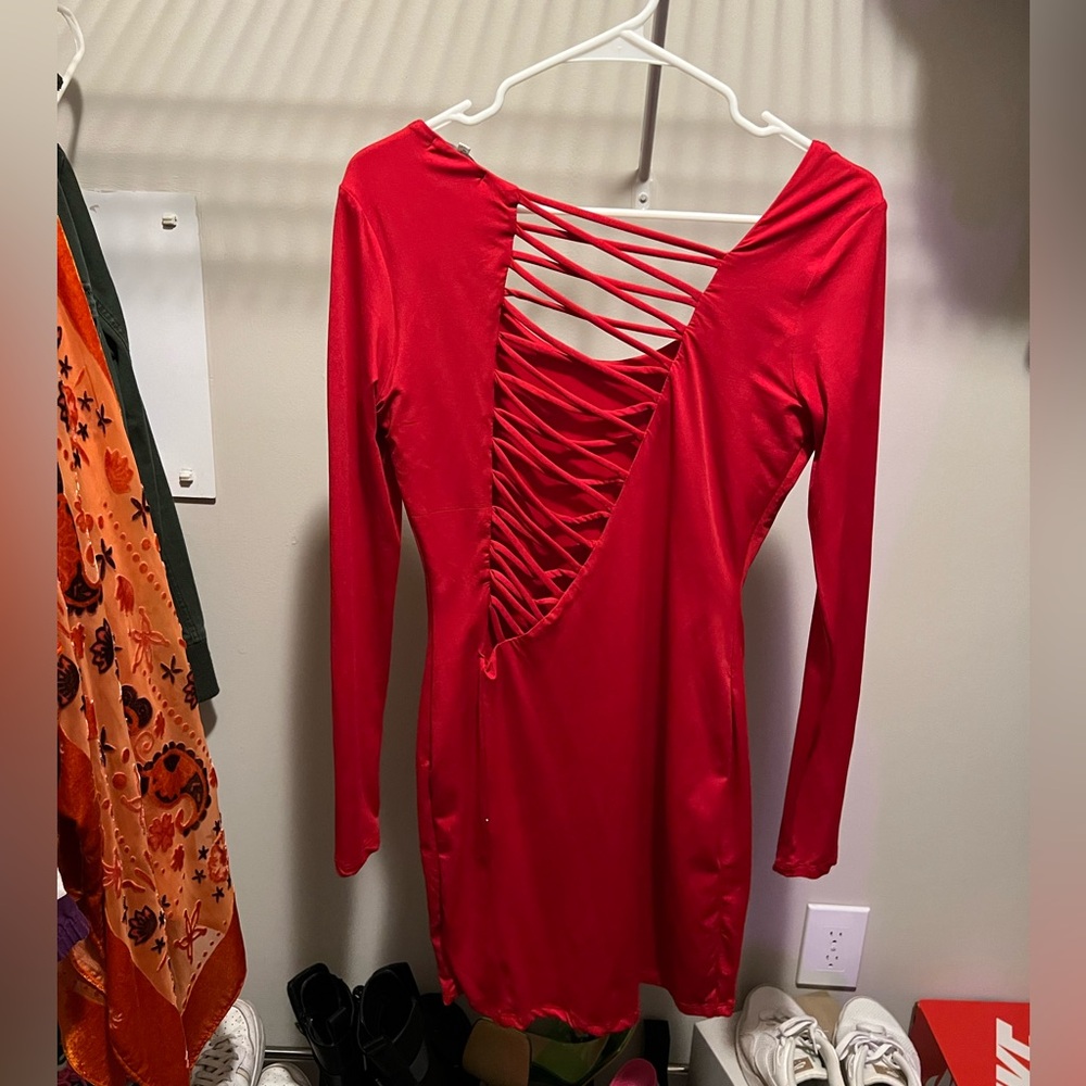 Red, asymmetric back cut out dress